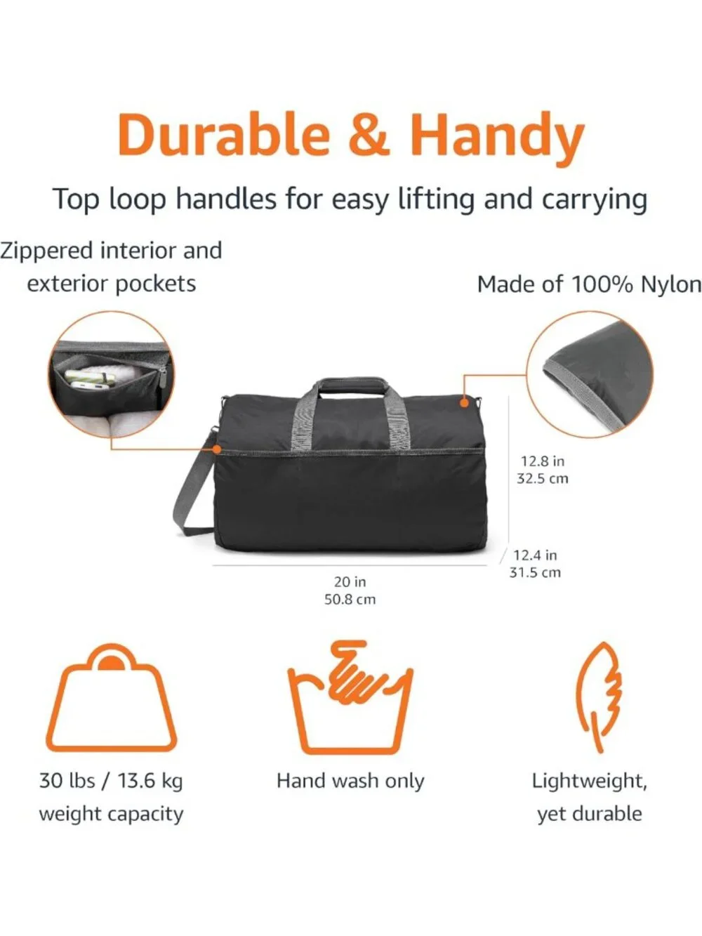 20-Inch Foldable Travel Duffel Bag - Packable Nylon, Multiple Pockets